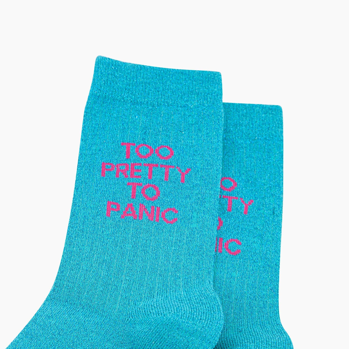 Too pretty to panic - turquoise glitter cotton women's socks | Laughing Sisters UK