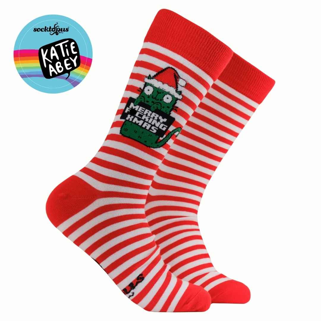 Merry Fucking Christmas - Katie Abey Cat Socks. Sweary Christmas Socks | Laughing Sisters UK