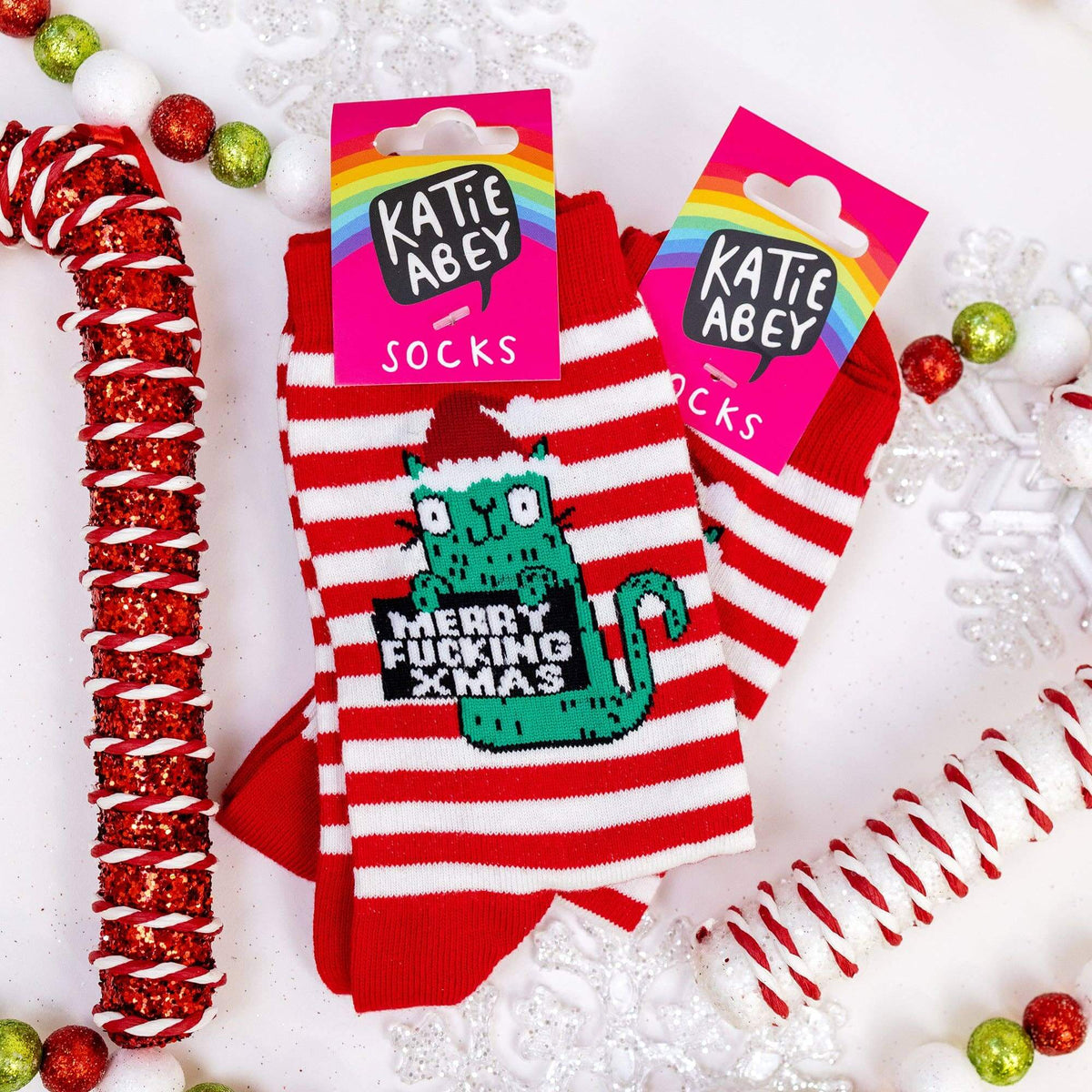 Merry Fucking Christmas - Katie Abey Cat Socks. Sweary Christmas Socks | Laughing Sisters UK