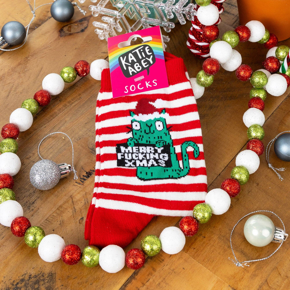 Merry Fucking Christmas - Katie Abey Cat Socks. Sweary Christmas Socks | Laughing Sisters UK