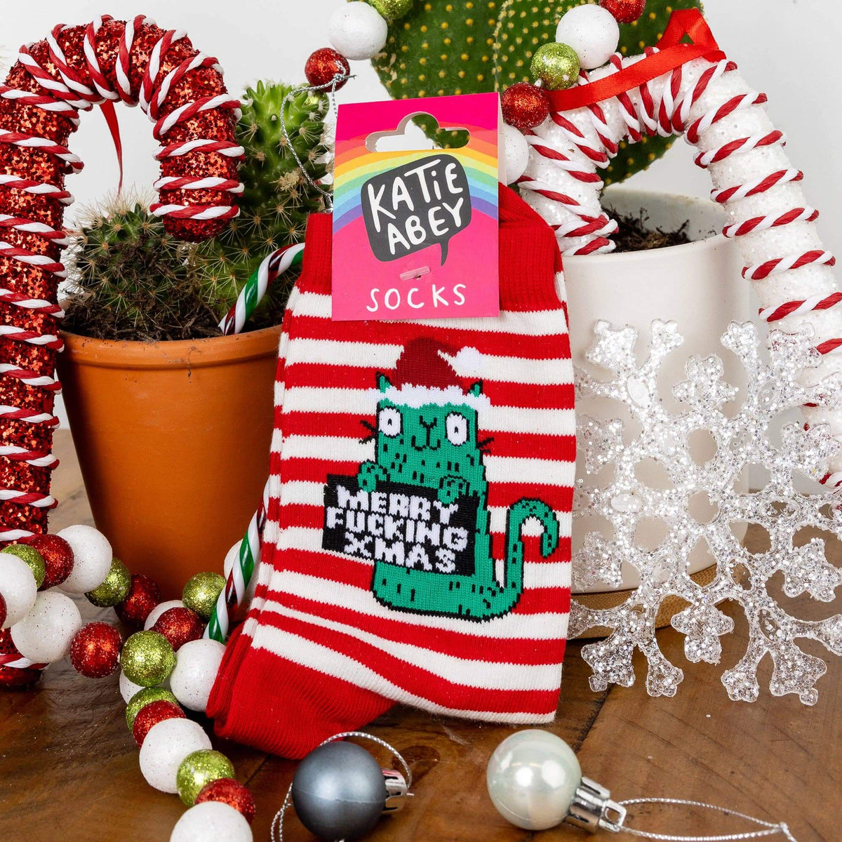 Merry Fucking Christmas - Katie Abey Cat Socks. Sweary Christmas Socks | Laughing Sisters UK