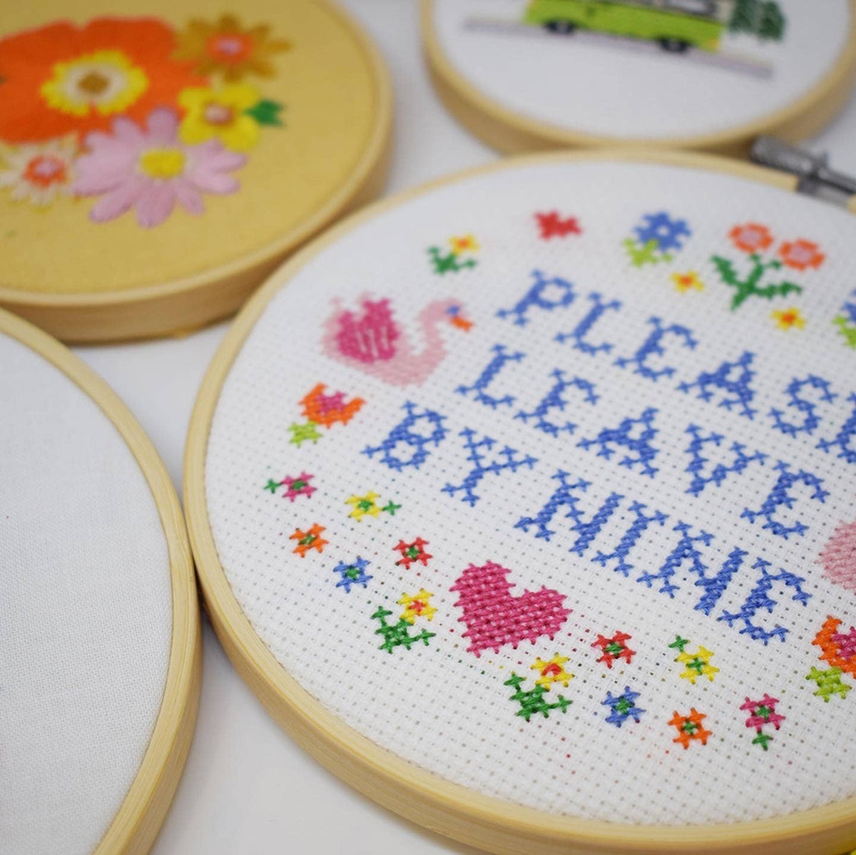 Please leave by 9 - funny cross stitch kit | Laughing Sisters UK