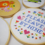 Please leave by 9 - funny cross stitch kit | Laughing Sisters UK