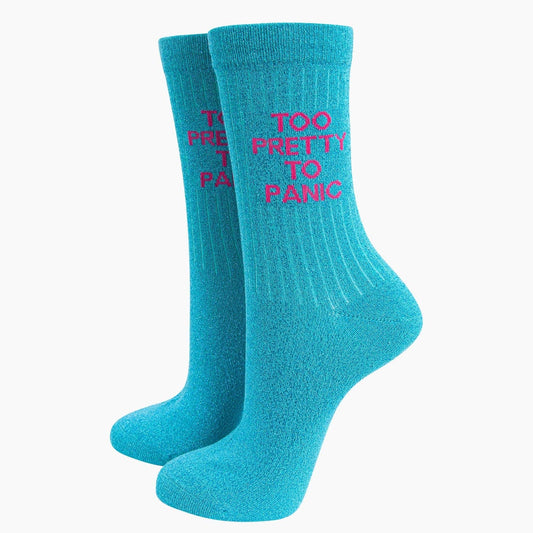 Too pretty to panic - turquoise glitter cotton women's socks | Laughing Sisters UK