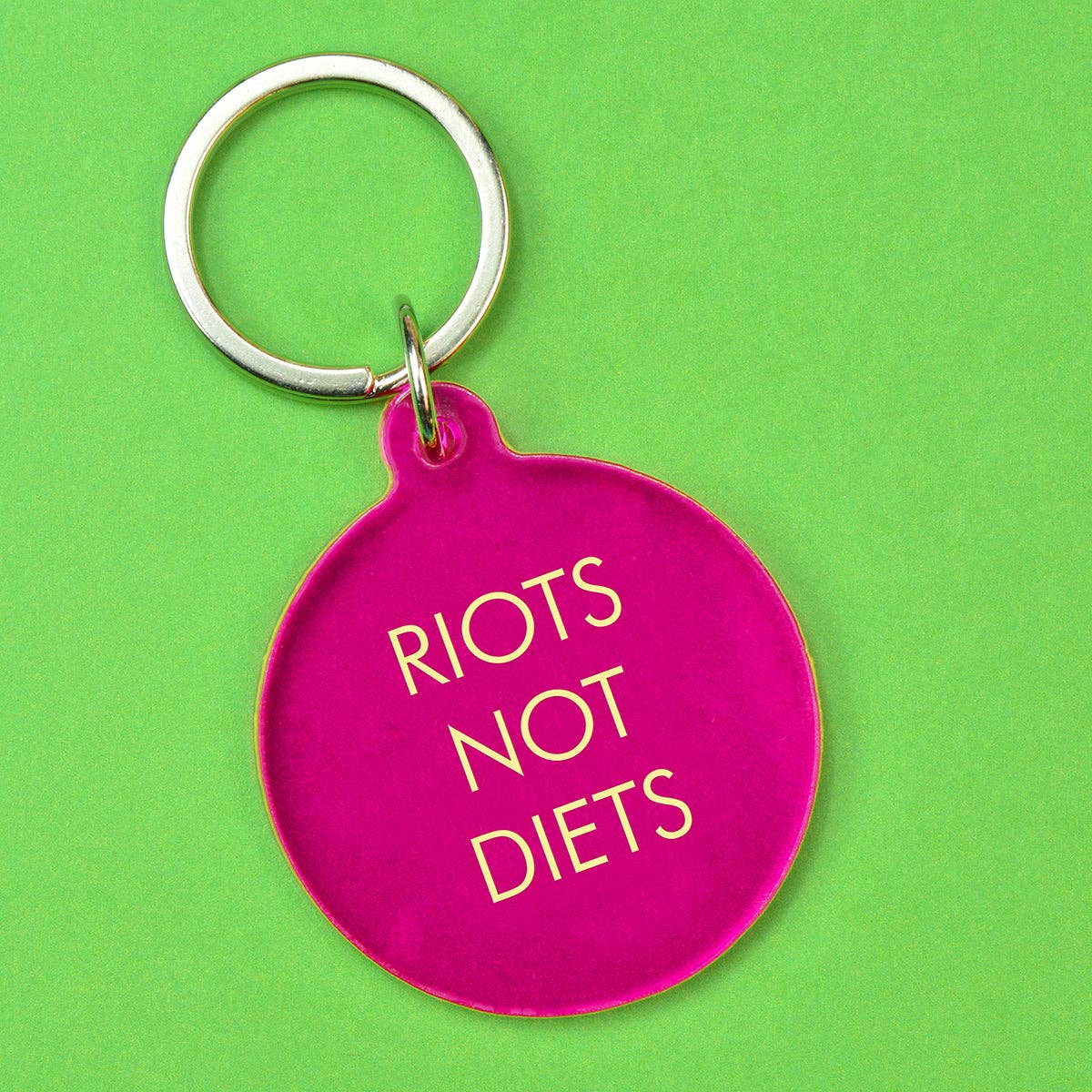 Riots not diets - funny pink keyring | Laughing Sisters UK