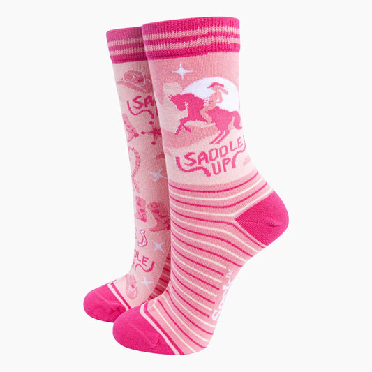 Saddle up - horse women's socks pink | Laughing Sisters UK