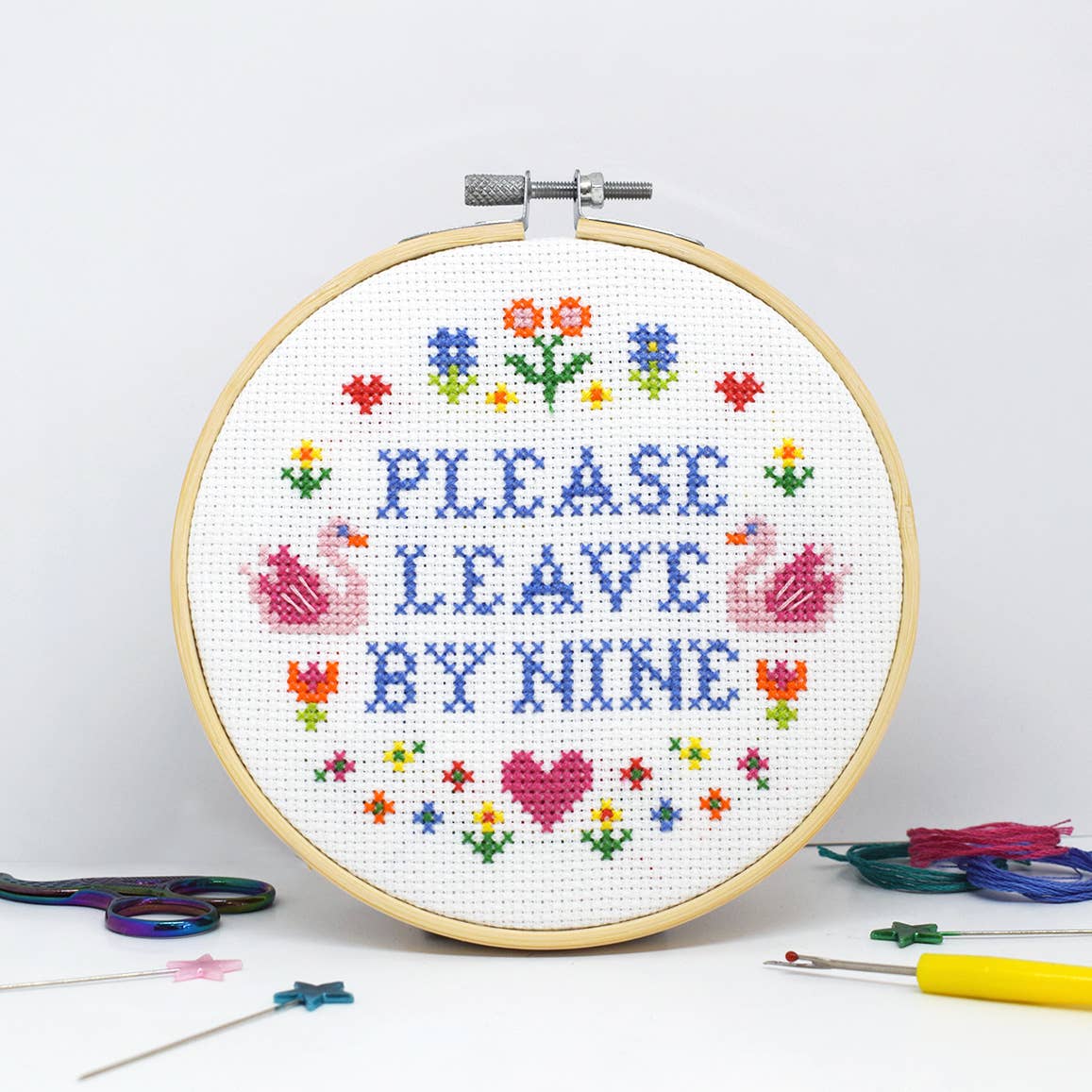Please leave by 9 - funny cross stitch kit | Laughing Sisters UK