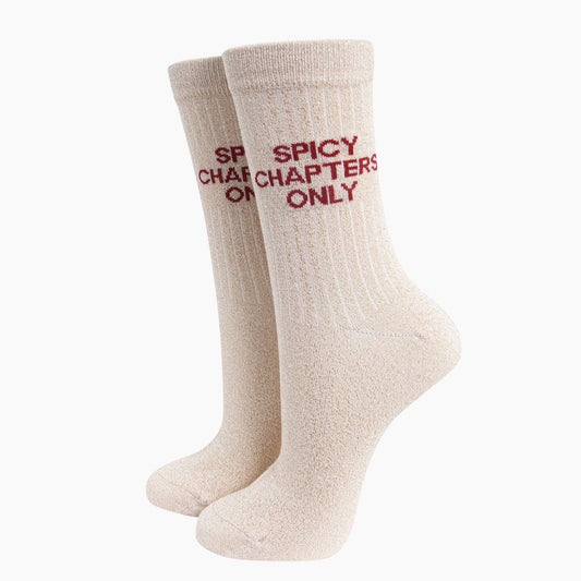 Spicy Chapters Only - cream glitter cotton socks. Literary book lover gift | Laughing Sisters UK