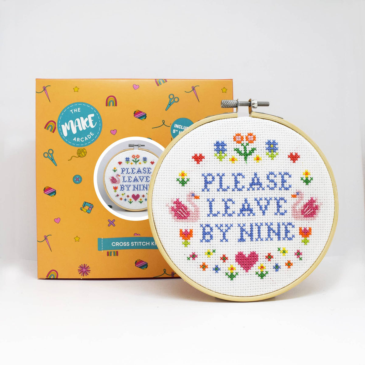 Please leave by 9 - funny cross stitch kit | Laughing Sisters UK