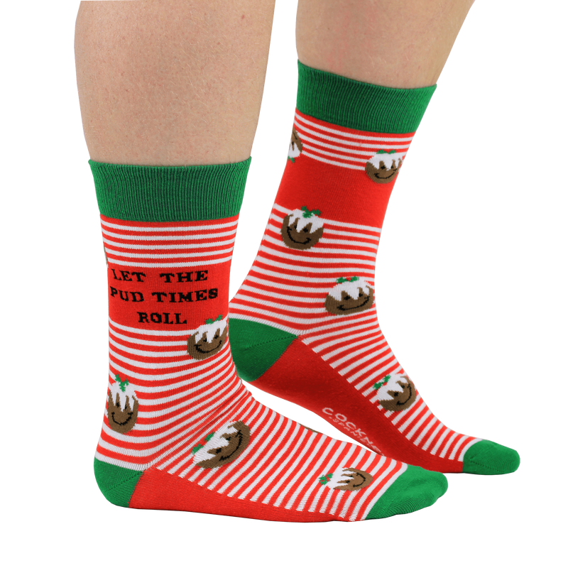 Let the pud times roll - stripy Christmas socks | Laughing Sisters UK