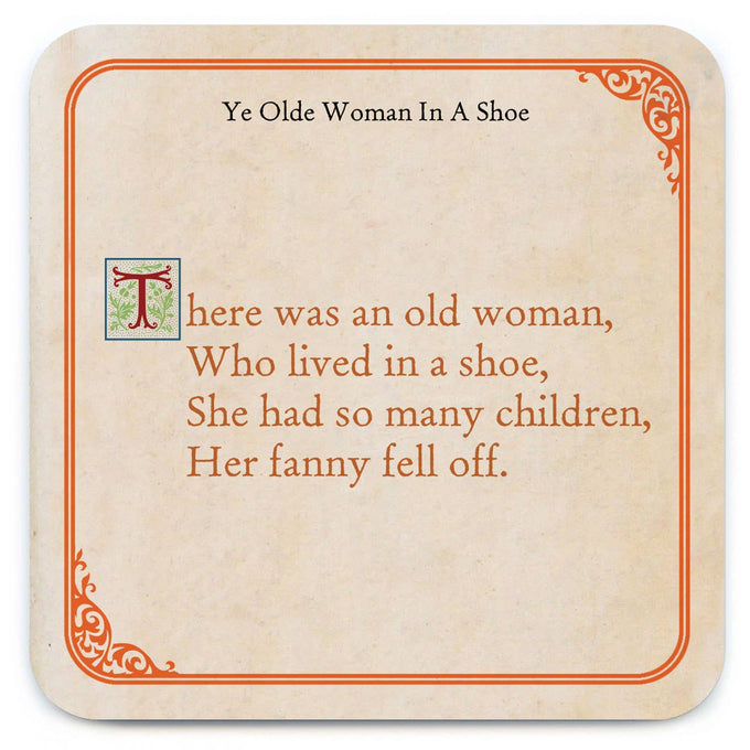 Her fanny fell off - funny rhyme drinks coaster | Laughing Sisters UK