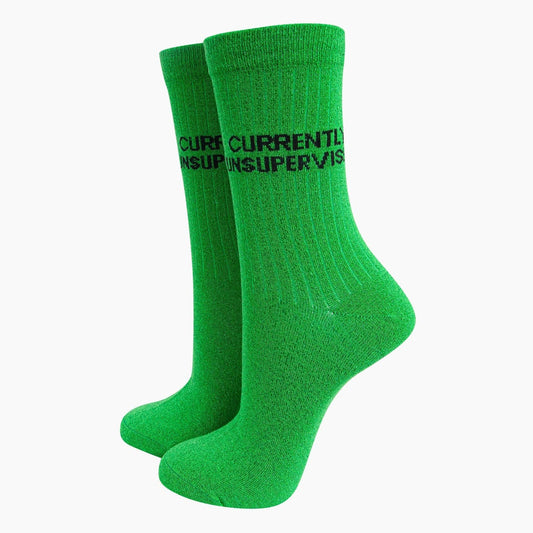 'Currently Unsupervised' funny women's glitter socks | Laughing Sisters UK