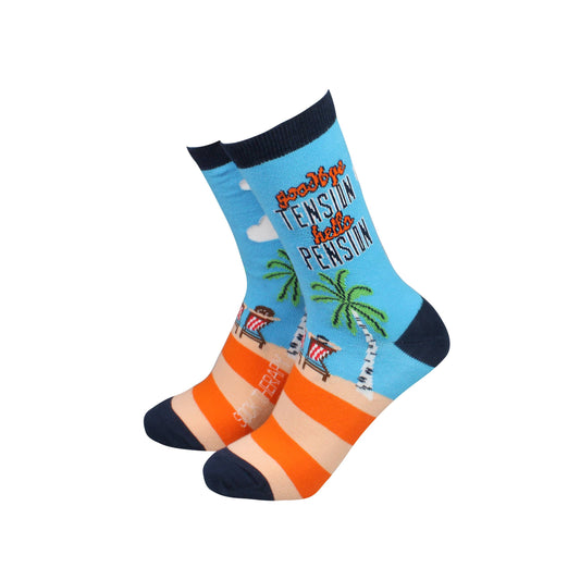 Goodbye tension, hello pension - funny women's socks retirement gift | Laughing Sisters UK